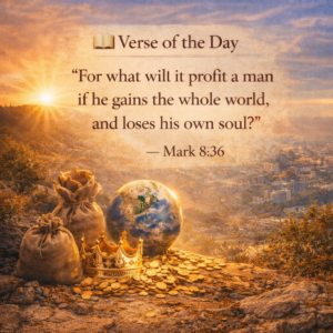 Bible verse Mark 8:36 reminding believers that gaining the world is meaningless if the soul is lost.