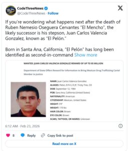 If you’re wondering what happens next after the death of Ruben Nemesio Oseguera Cervantes “El Mencho”, the likely successor is his stepson, Juan Carlos Valencia Gonzalez, known as “El Pelón.”