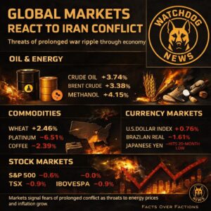 Global financial markets reacting to oil price spikes and geopolitical tension from the Iran conflict.