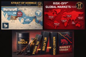 Oil crisis and global market volatility caused by tensions in the Strait of Hormuz during the Iran war.