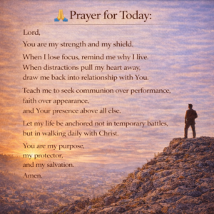 Christian prayer devotional about God as strength and shield, focusing on faith, protection, and walking daily with Christ.